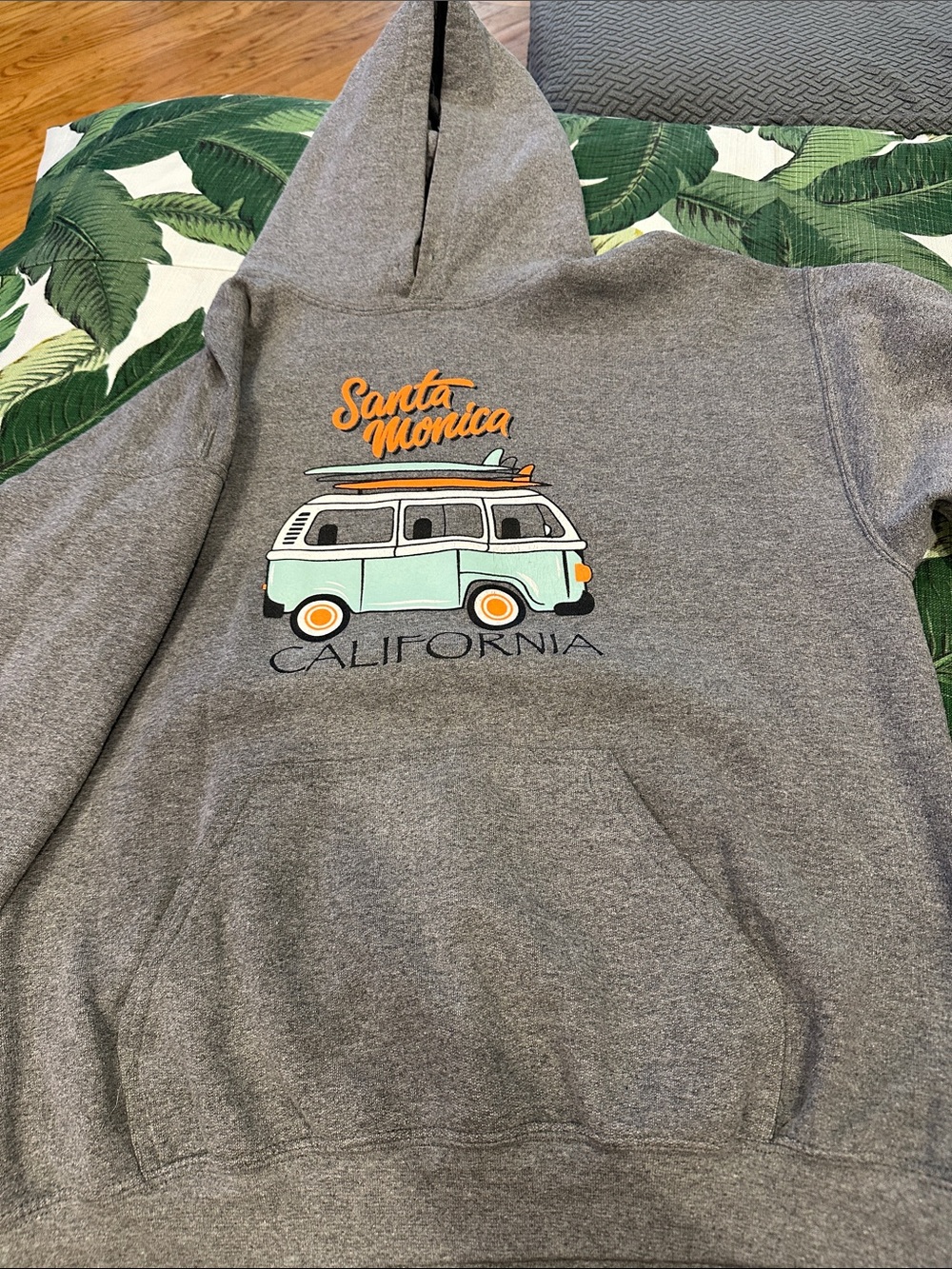 Santa Monica California Gray Hoodie with Surf Van Graphic
